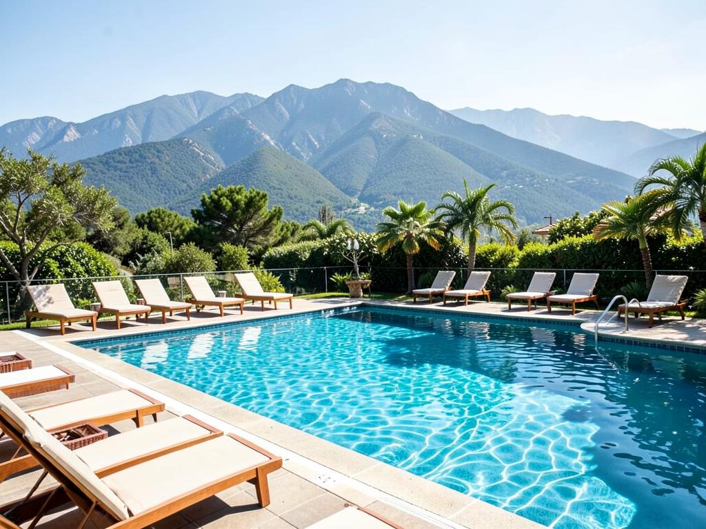 Piscina exterior con tumbonas y vistas a la montaña